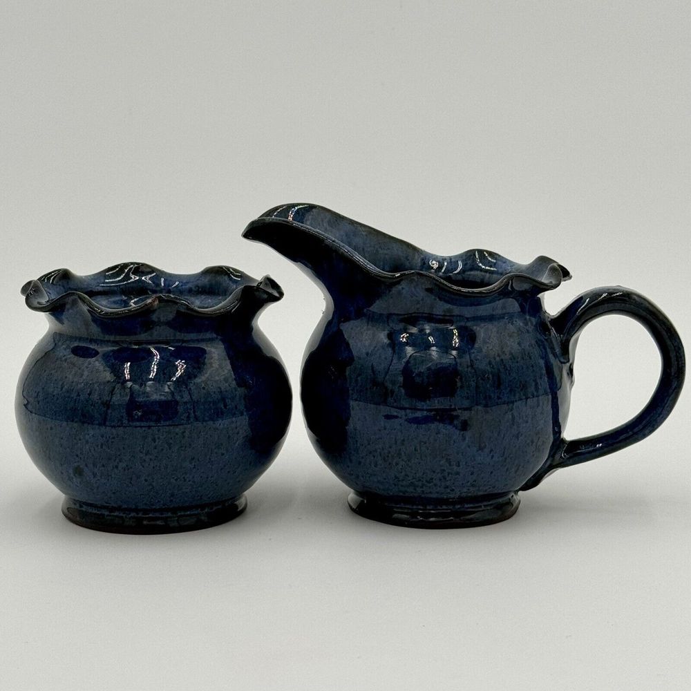 Whatsandwell Pottery Creamer and Sugar Pots Set Blue Vase England Terra Cotta